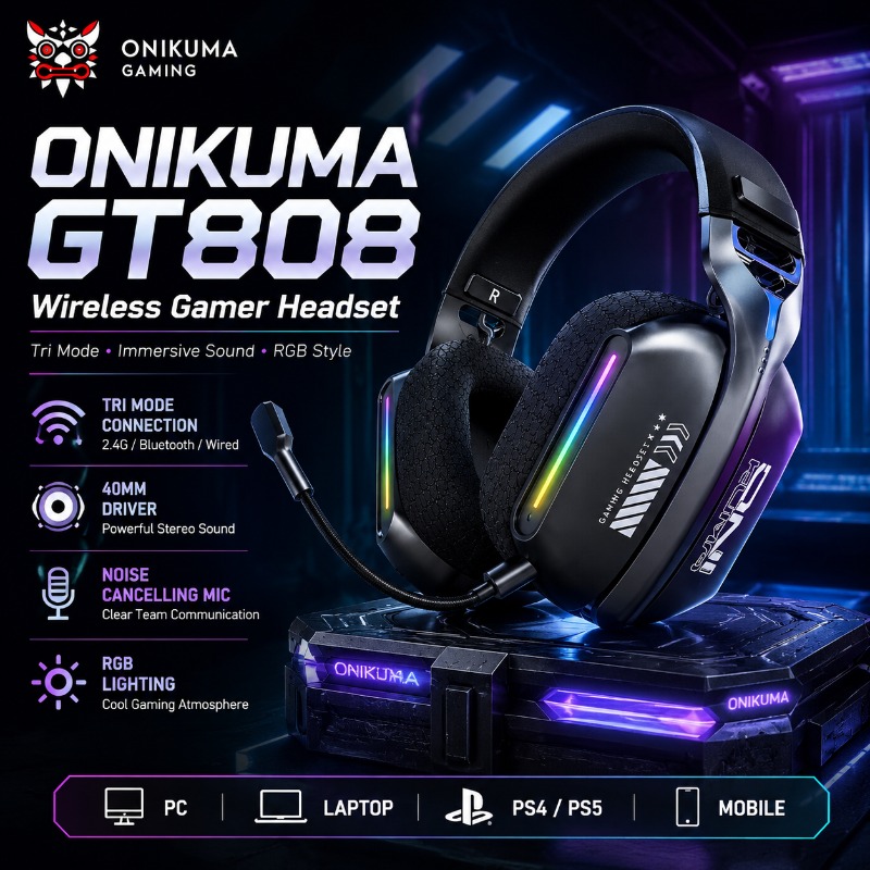 Gaming Headset With Mic Rgb - หูฟังเกมมิ่งไร้สาย ONIKUMA GT808 รองรับโหมดการเชื่อมต่อสามแบบ บลูทูธ 2.4GHz