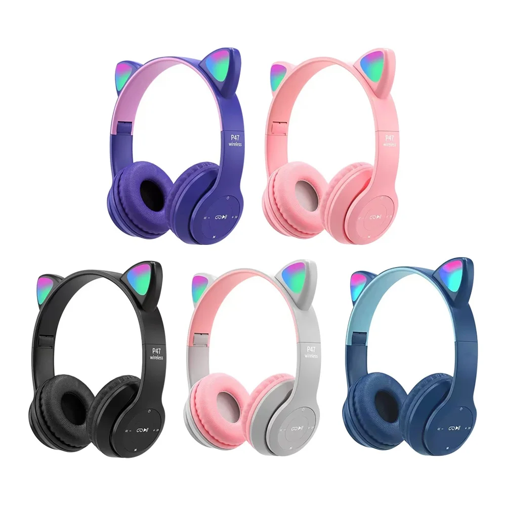 Cat Ear Bluetooth Headset Led - หูแมวน่ารักชุดหูฟังบลูทูธพร้อมชุดหูฟังไร้สาย LED เด็กผู้หญิงสเตอริโอพับชุดหูฟังกีฬาพร้อมไมโครโฟน