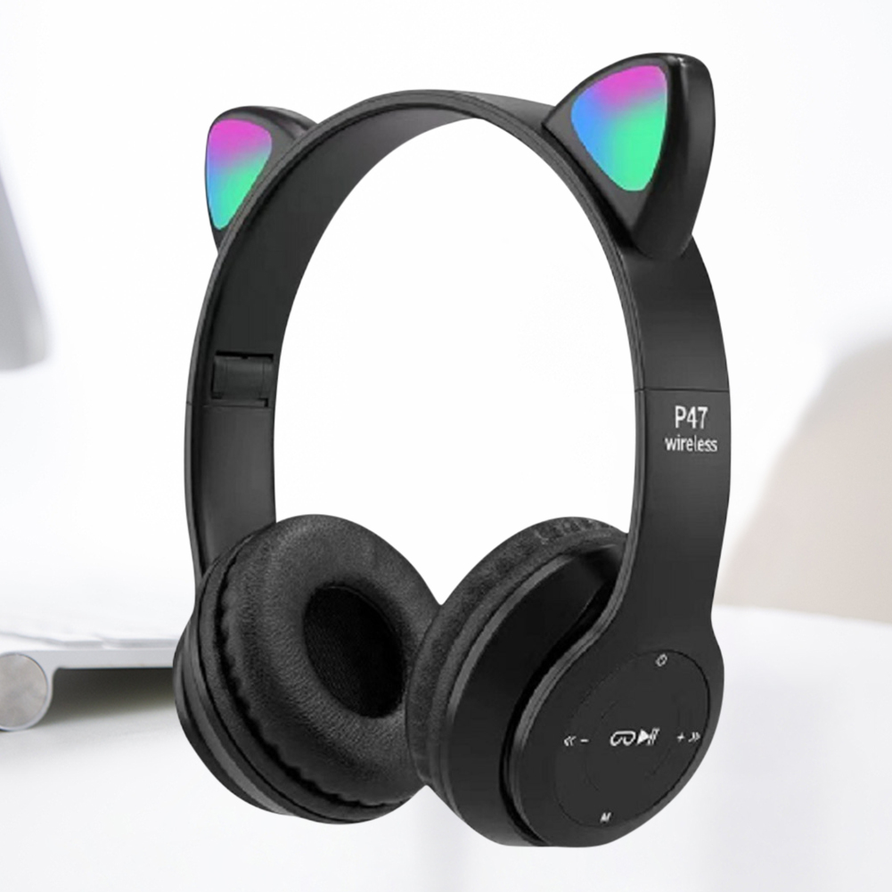 Cat Ear Bluetooth Headset Led - หูฟังบลูทูธหูแมวน่ารักไฟ LED แฟลชสเตอริโอชุดหูฟังไร้สายแบบพับได้พร้อมไมโครโฟน TF FM สำหรับเด็กเด็กสาวของขวัญ