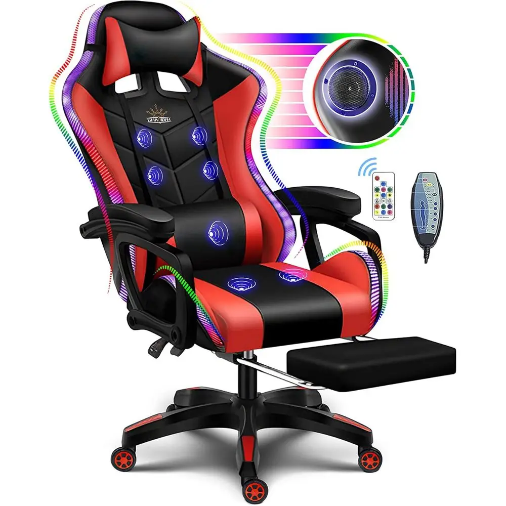 Speakers - เก้าอี้เกมมิ่งพนักพิงสูงตามหลักสรีรศาสตร์ พร้อมไฟ LED RGB, ลำโพง และระบบนวด