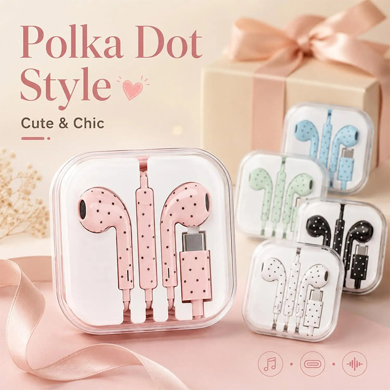 Type C Wired Earphones With Mic - หูฟังแบบมีสาย Type-C ลายจุดน่ารัก พร้อมไมโครโฟน หูฟังอินเอียร์ลายการ์ตูนสำหรับออกกำลังกาย สำหรับ