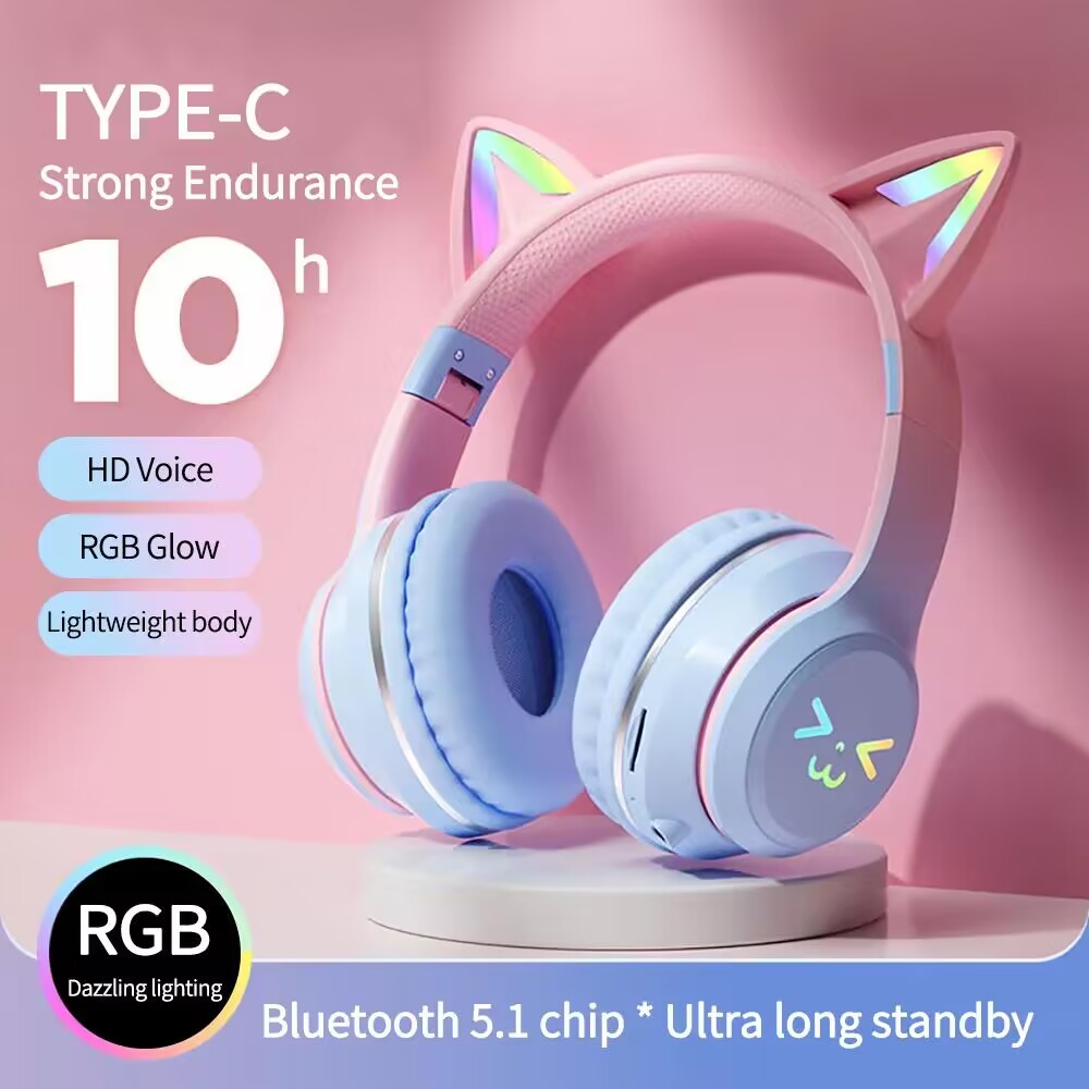 Gaming Headset With Mic Rgb - หูฟังเรืองแสง RGB หูฟังเอียบัดไร้สาย5.3หูแมวหูฟังบลูทูธเล่นกีฬาเครื่องเล่น Mp3บลูทูธไมโครโฟนเกมชุดหูฟัง
