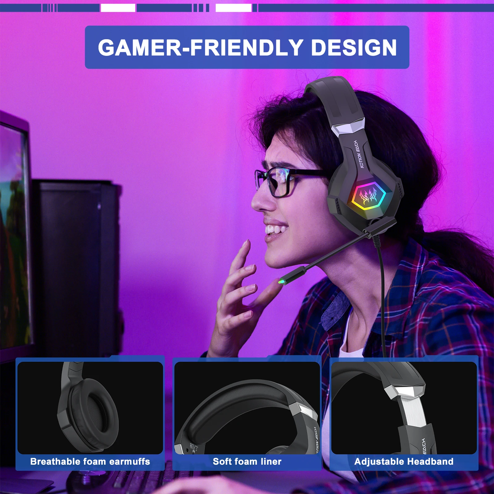 Gaming Headset With Mic Rgb - ชุดหูฟังสําหรับเล่นเกมแบบมีสายพร้อมหูฟังสําหรับเล่นเกมเสียงรอบทิศทาง 7.1 พร้อมไมโครโฟนตัดเสียงรบกวน RGB Light Over